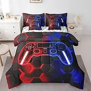 Gamer Bed Set Includes Comforter, Sheet Set, Pillowcases & Pillow Covers Gaming 7 Piece Bedding Set for Kids Boys Girls Room Decor Red Blue Game Console Bed in a Bag Full Gamepad Honeycomb Breathable
