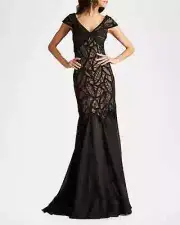 Tadashi Shoji Black Nude Sequin Leaf Velvet Lace Gown Size 14 $558