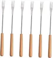 ABOOFAN 6Pcs Wooden Handle Stainless Steel Fondue Forks Heat Insulating BBQ Forks for Outdoor Cooking for Fruit Dessert Hot Pot Enjoyment