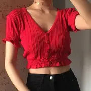 Short-Sleeve Button-Up Cropped Knit Top Off-White - S