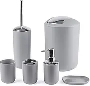 Papillon Bathroom Accessories - 6 Piece Plastic Gift Toothbrush Holder,Toothbrush Cup,Soap Dispenser & Dish,Toilet Brush Holder,Trash Can,Tumbler Straw Set (Gray)