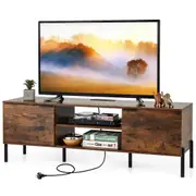 Costway 2-Door TV Stand Industrial TV Console Table Media Entertainment Center w/Charging Station Brown