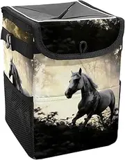 Car Trash Can with Lid and Storage Pockets Leak-Proof Organizer,Waterproof Garbage Can,Horse Animal Forest Leaf Pattern