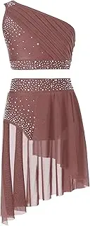 [Manyakai] Kids Girls Lyrical Dance Dress Shiny Rhinestones Crop Top Skirted Leotard 2-Piece Ballet Dance Outfits