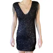 Betsey Johnson Black Mini Cocktail Dress M 8 10 Sequin Fringe Sleeve Crystal NWT