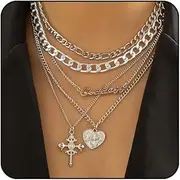 [VRNGI] Chunky Gold Necklace Stack for Women Layered Necklaces for Women Silver Chunky Necklace Paperclip Chain Cross Beaded Ball OT Toggle Heart Pendant Necklace Chunky Gold Jewelry Set