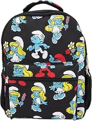 AI ACCESSORY INNOVATIONS Smurfs 16” Backpack with Front Pocket for Girls, 16” School Bag with Front Pocket, Allover Print Bookbag Featuring Smurfette & Grandpa Smurf, Black + 1 image, Black/Blue