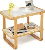Giantex 2-Tier Bamboo Side Table w/Glass Top, End Table w/PE Rattan Shelf, Home Sofa Side Table, Nightstand Bedside Table, Compact Coffee Table, Glass Top Accent Table for Bedroom Living Room