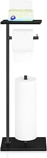 OYEAL Toilet Paper Holder Stand Bathroom Toilet Paper Holder with Shelf Free Standing Black Toilet Paper Storage Holder with Reserve for Bathroom Holds Wipe, Mobile Phone, Mega Rolls, (LT-BFE340-05)