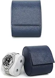 Hiram Genuine Leather Watch Case for 1 Watch, Genuine Handmade Saffiano Leather Travel Watch, Portable Box with Removable Cushion, Snag Mounting Design (Blue)