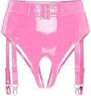 [YiZYiF] Sexy Women's Metallic Booty Shorts with Garter Clips & Open-Crotch Thong Panties