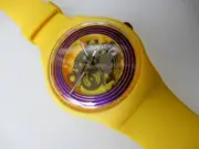 PURPLE RINGS YELLOW! Yellow NEW GENTS Swatch, GLOW Hands/Skeleton Dial-NIB!