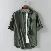 Elbow-Sleeve Stand Collar Linen Plain Shirt Army Green - 4XL