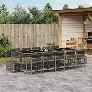15 Piece Garden Dining Set with Cushions Grey Poly Rattan Patio Bar Sets
