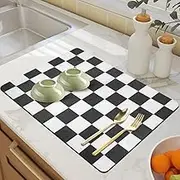 Large Dish Drying Mat for Kitchen Counter - 24"x16" Checkerboard Coffee Mat Black and White PU Leather Coffee Bar Mats for Countertop Rubber Dish Drying Mat