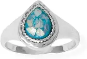 [JewelryWeb] 925 Sterling Silver Pear Roman Glass Rope Edge Ring Hammered 7mm X 8mm Shaped Certificate of Authenticity Band Style-Ring for Women