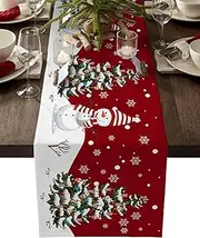 Christmas Decorations,Christmas Table Runner - Cotton Linen 36 Inches, Snowman Rustic Red Snowflake Bed Runner Dress Scarves, Farm Xmas Tablerunner for Dining/Holiday/Coffee Table