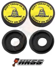 2 Black Custom License Plate Frame Tag Screw Cap Covers - DONT TREAD ON ME X6T
