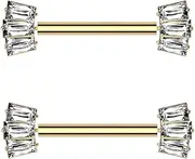 [Pierced Owl] 14GA ASTM F-136 Implant Grade Titanium Threadless Push-In Triple CZ Crystal Baguette Fan Ends Nipple Barbells, Sold as a Pair