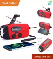 Compact NOAA Weather Radio: Hand Crank Solar Powered with SOS & 3 LED Flashlight