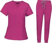 [kowaku] Nursing Uniforms Scrub Set Workwear V Neck Tops Jogger Pants Work suits with Pockets for SPA, M, Rose Red