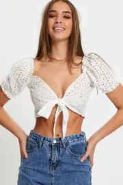 White Puff Sleeve Top Short Sleeve Crop - Size 14, Women's Trial Woven