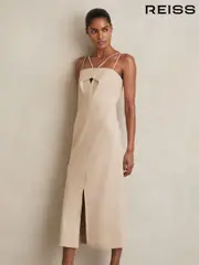 Reiss Stone Neutral Juni Double Strap Cut Out Midi Dress (F61550) | $440