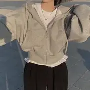 Plain Zip-Up Crop Hoodie Gray - One Size