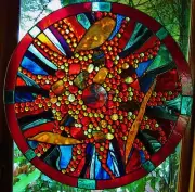 ABSTRACT STAINED GLASS DISK 'LIGHT ECHO' WINDOW DOOR leadlight SUSPENDED WORKS