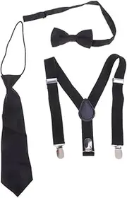 [SAFIGLE] 3pcs Suspenders and Bow Tie Set Black Elastic Braces for Boys Comfortable Back Design for Formal Occasions and Everyday Wear