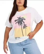 Grayson Threads Black Women Graphic Print Palm Trees T-Shirt Cropped Beige XL