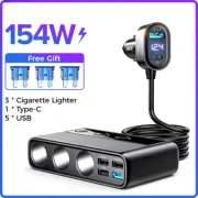 154W 9 in 1 Car Charger Adapter PD 3 Socket Cigarette Lighter Splitter Charge