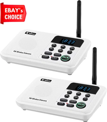 Wireless Intercom System Home Office 1 Mile Range 22 Channels 2 Stations White
