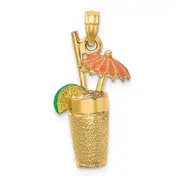 14k Yellow Gold 3-D Cocktail Drink w/Orange Enamel Umbrella and Lime Charm