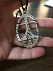 ESTATE SALE: Pewter Silver Tone PEACE SIGN Black Leather 17" Necklace Pendant