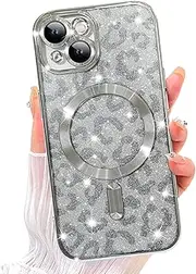 ZIYE Glitter Case for iPhone 15 Case Cute Leopard Clear Plating Magnetic Case for Women Girl with Full Camera Lens Protector Back Cover for iPhone 15 6.1" Sliver