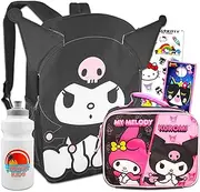 Kuromi Backpack and Lunch Box Set for Girls - Bundle with 16” Kuromi Backpack, Lunch Bag, Water Bottle, Stickers, More | Hello Kitty and Friends Backpack Set