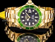 Invicta PRO DIVER 18K Gold Green Bezel Black CF Dial Mens Bracelet Watch Reloj