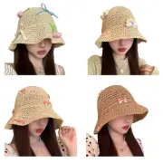 Breathable Knitted Bucket Hat Girl Crochet Floppy Hat with Cherry/Bowknot Decals