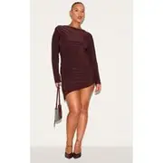 Plus Chocolate Double Layer Slinky Ruched Long Sleeve Mini Dress, Chocolate