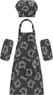 AIXIWAWA Kids Apron Chef Hat Set, Child Kitchen Bib Aprons Adjustable for Cooking Baking Painting (Doodle Tv)