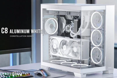 Antec C8 Aluminum White E-ATX Seamless Edge View Front and Side, USB-C, Case.