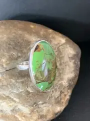Green Mohave Turquoise Navajo Sterling Silver Ring Size 7 Adjustable 11794