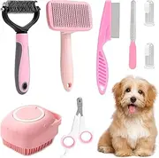 VCZONE 8 Pcs Dog Grooming Kit with Self Cleaning Tools: Nail Clipper, Flea Comb, Shampoo Brush, Shedding Brush, Dematting Comb, Silicone Toothbrush (Pink)