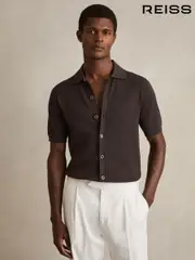 Reiss Chocolate Brown Thames Textured Knit Button-Through Shirt (F18191) | $245