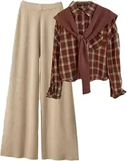 [Generic] Women Korean3 Pieces Sets Casual Vintage Plaid Shirts+Knitted Shawls+Wide Leg Pants Sets