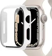 [Miimall] Case Compatible with Apple Watch Series 7 41mm/45mm Tempered Glass Screen Protector, Shockproof Hard PC Bumper Protective Shell All-Around Protective Cover for Apple Watch Series 7-White