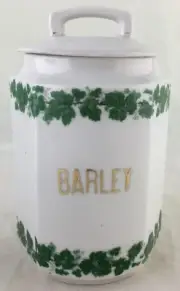 VINTAGE PORCELAIN BARLEY CANISTER GOLD RIMS GREEN LEAF GRAPEVINE GARLAND JAR