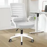 [ALFORDSON] Mesh Office Chair Ergonomic Mid-Back Wale Series, Adjustable Flip-Up Arm & Lumbar Support Gaming Racing Task Chair, Student Computer Study Desk Chair for Home Office, White Grey