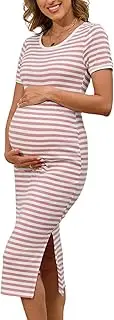 [guruixu] Striped Maternity Dress Ribbed Knit Short Sleeve Slim Fit Side Slit Bodycon Long Pregnancy Dress, Pink, Small
